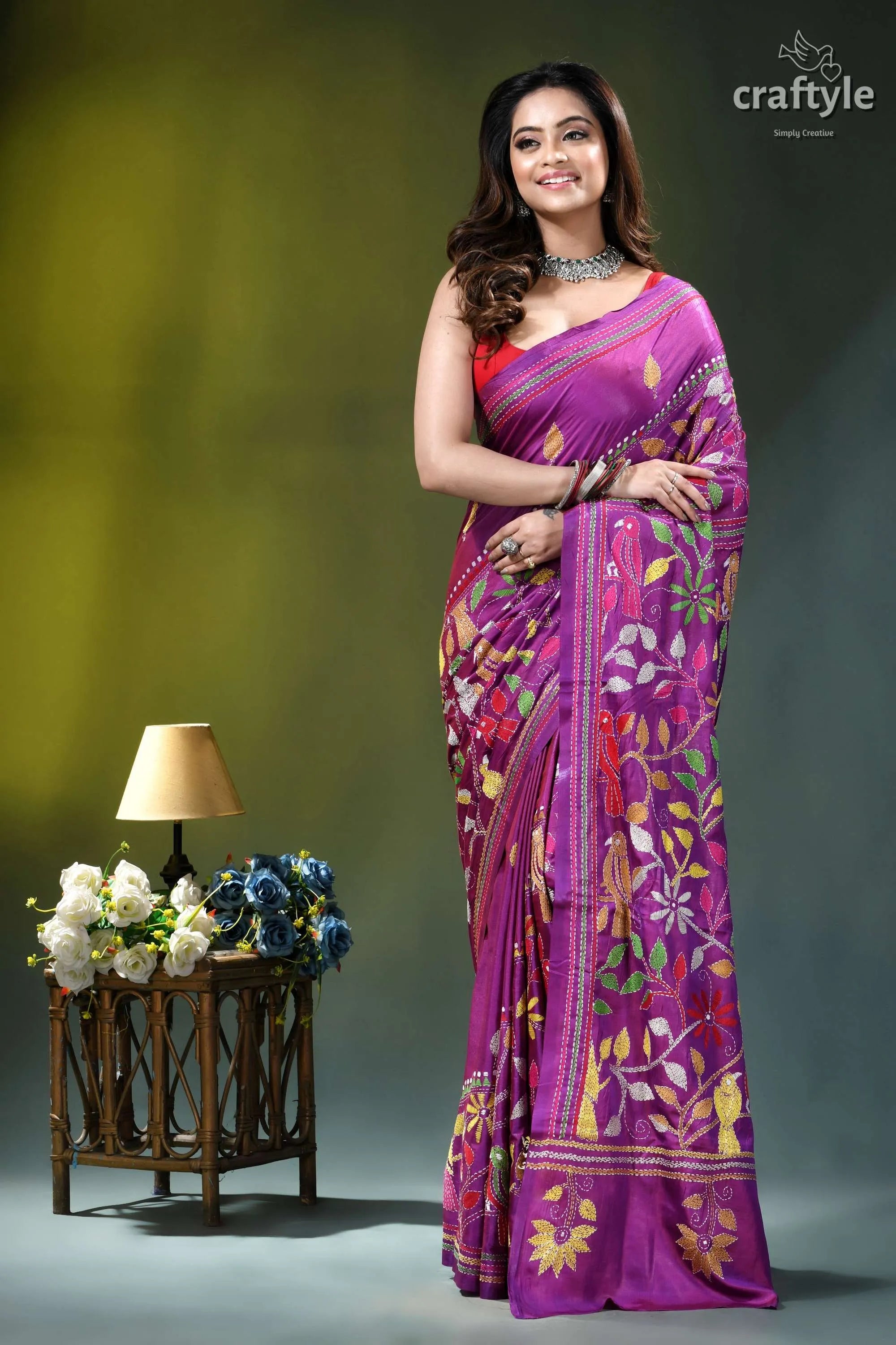 Warm purple bird design hand embroidered silk kantha saree vibrant purple saree intricate floral 7