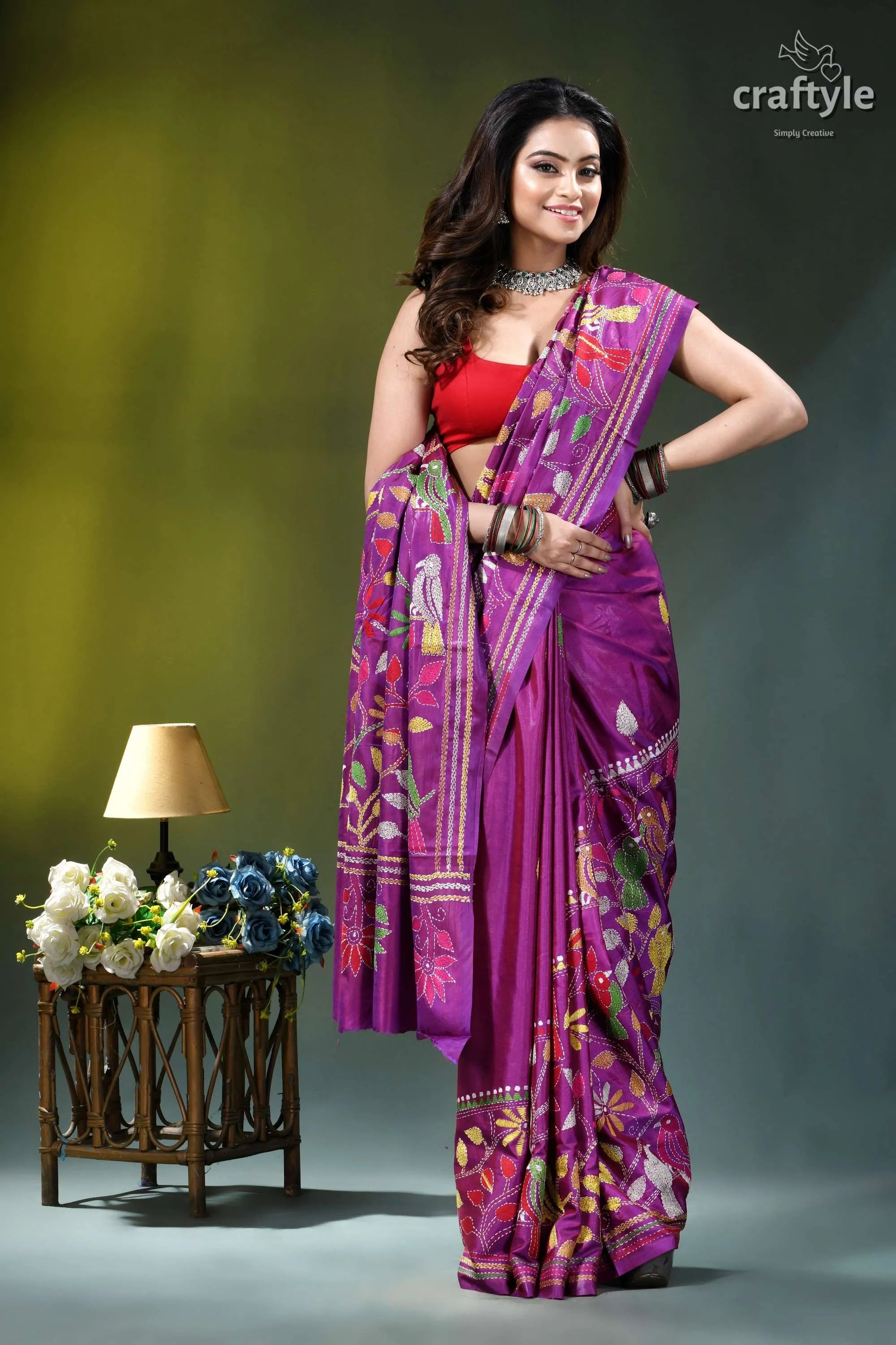 Warm purple bird design hand embroidered silk kantha saree vibrant purple saree intricate floral 4