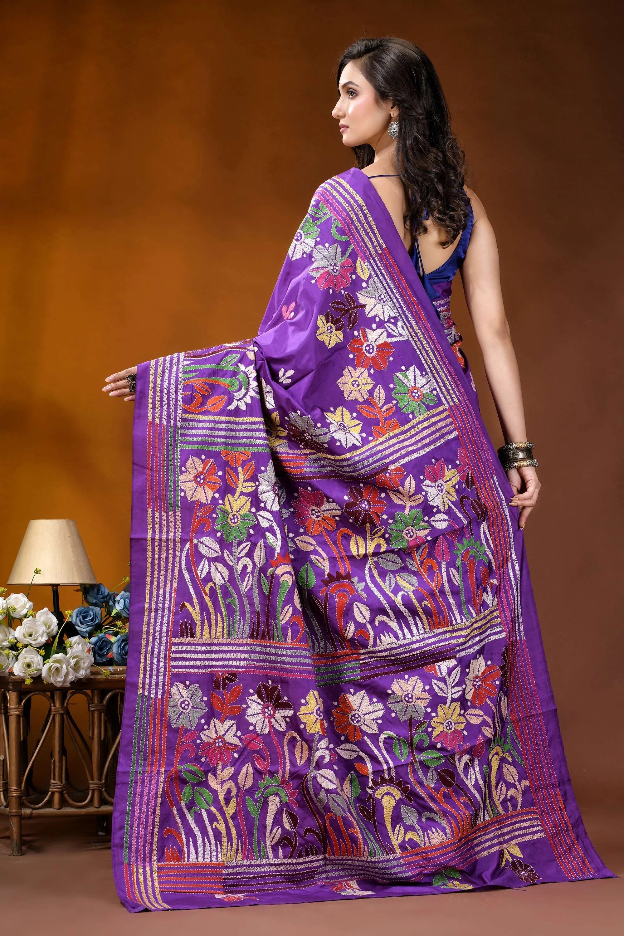 Warm purple floral motif multicolor hand embroidered kantha silk saree vibrant purple silk saree adorned 6