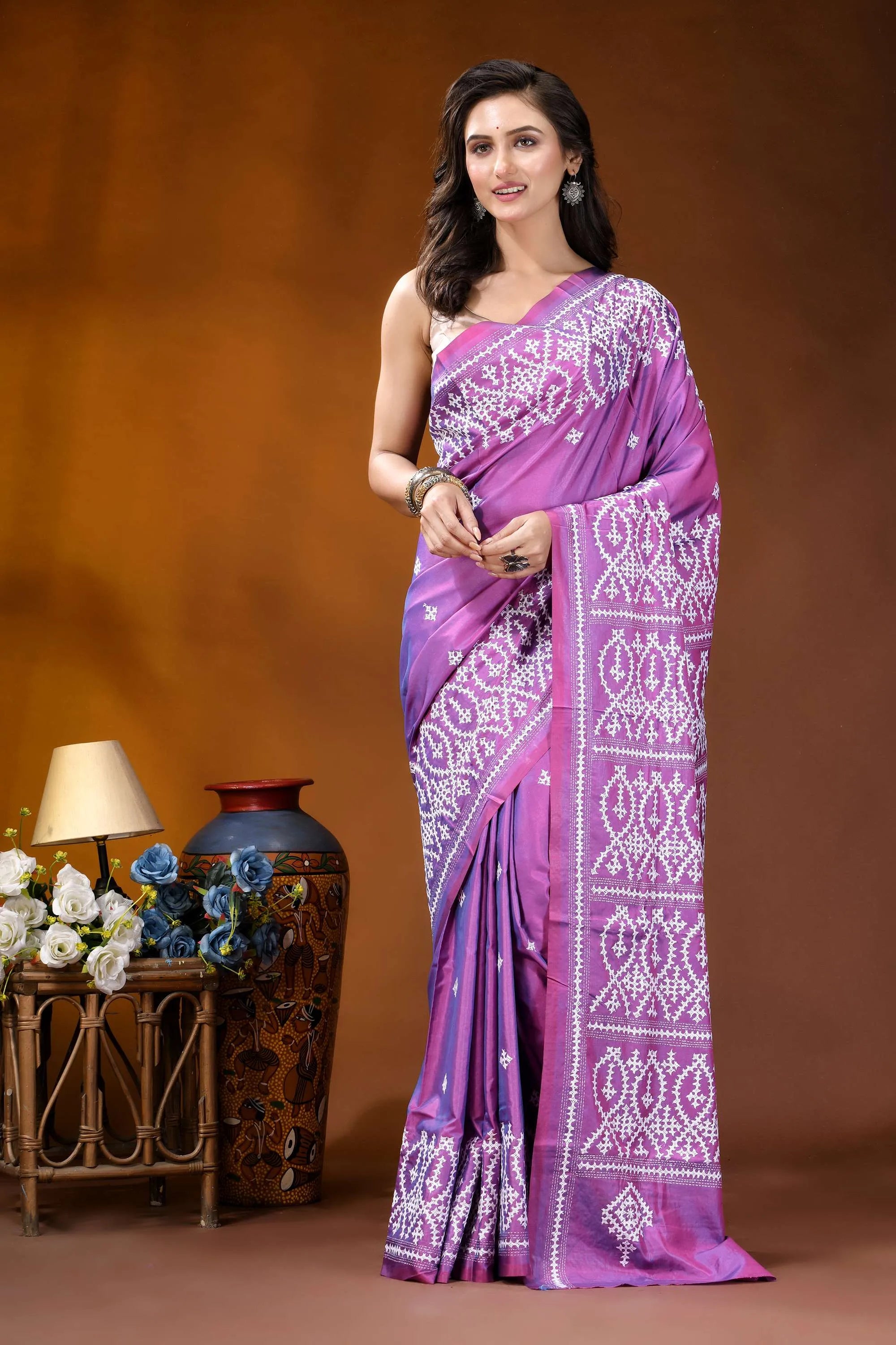 Warm purple kutch embroidery silk saree with ethnic design woman wears vibrant purple saree 6