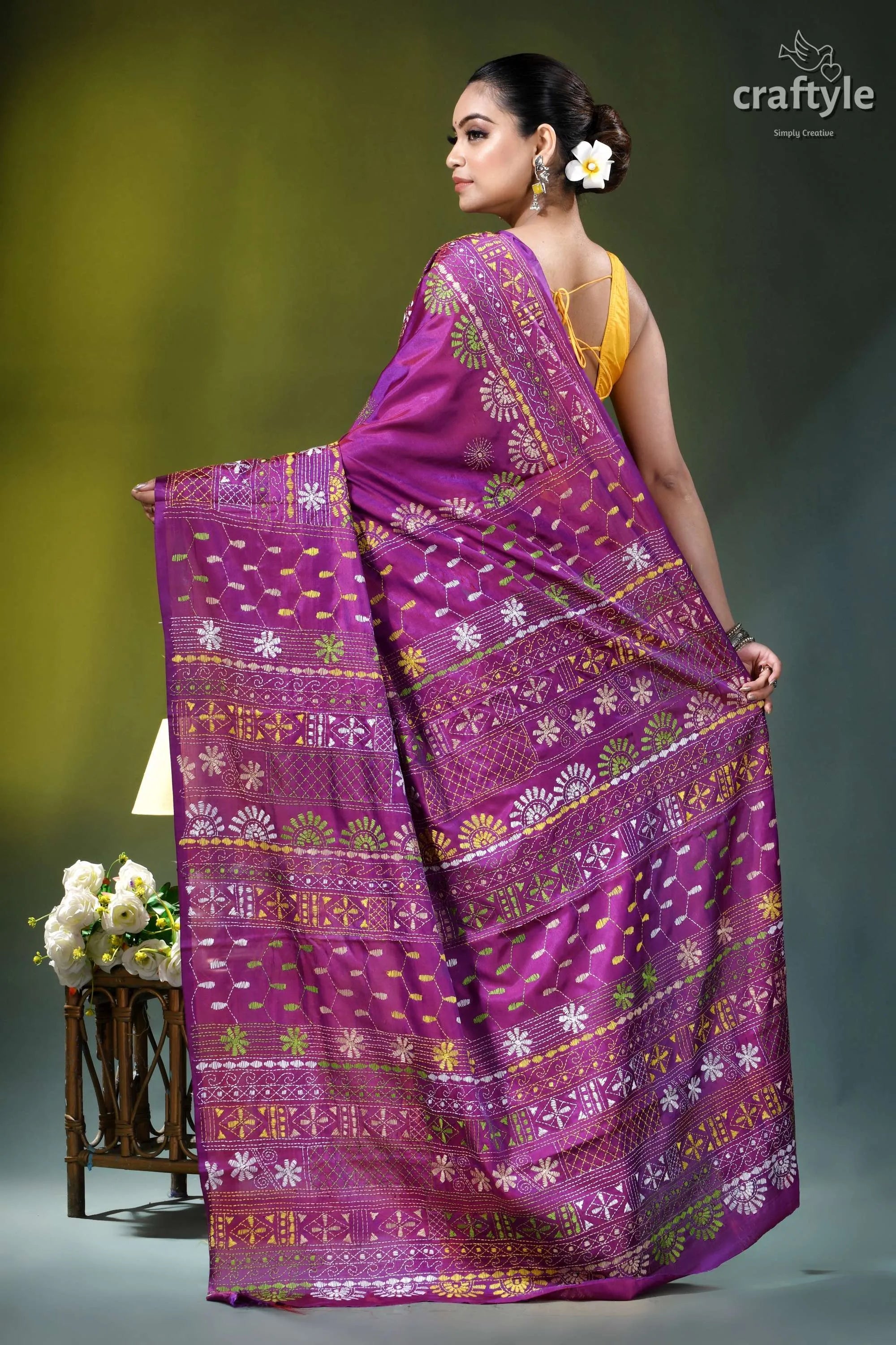 Warm purple multicolor hand embroidery silk lambani saree - floral motif vibrant purple saree intricate floral 6