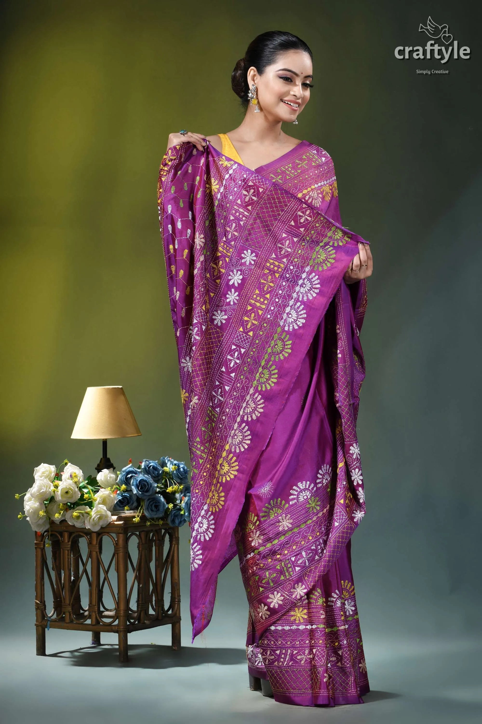 Warm purple multicolor hand embroidery silk lambani saree - floral motif vibrant purple saree intricate floral 5