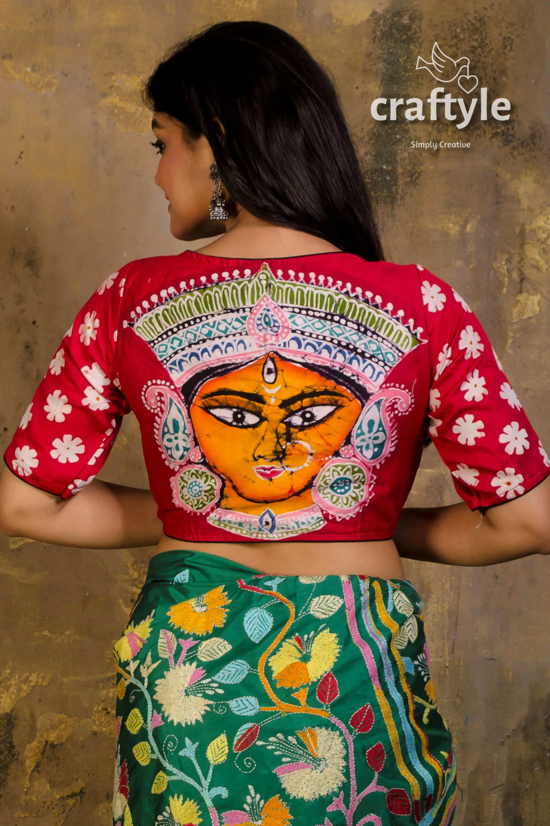 Wax batik pure cotton blouse red painted goddess face 2