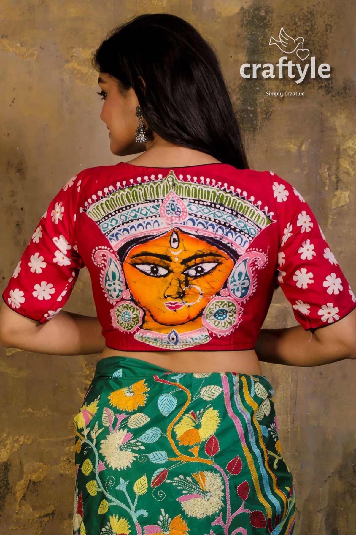 Wax batik pure cotton blouse red painted goddess face 2
