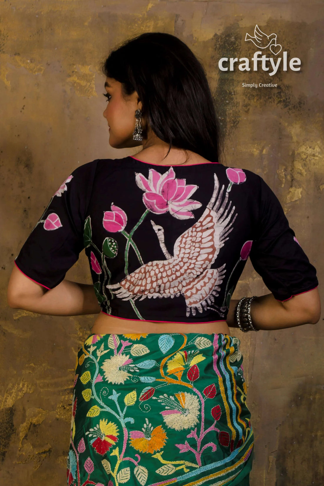 Wax batik pure cotton blouse black lotus crane design 2