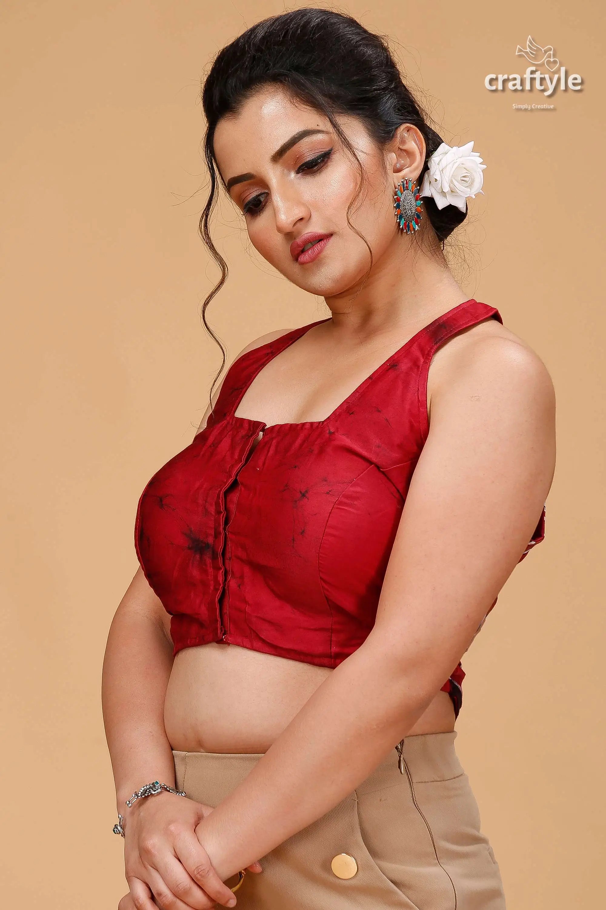 Wax batik pure cotton blouse with multicolor bird motif young woman dark hair red 3