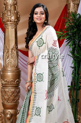 White and basil green hand block kerala cotton saree woman white printed saree 2