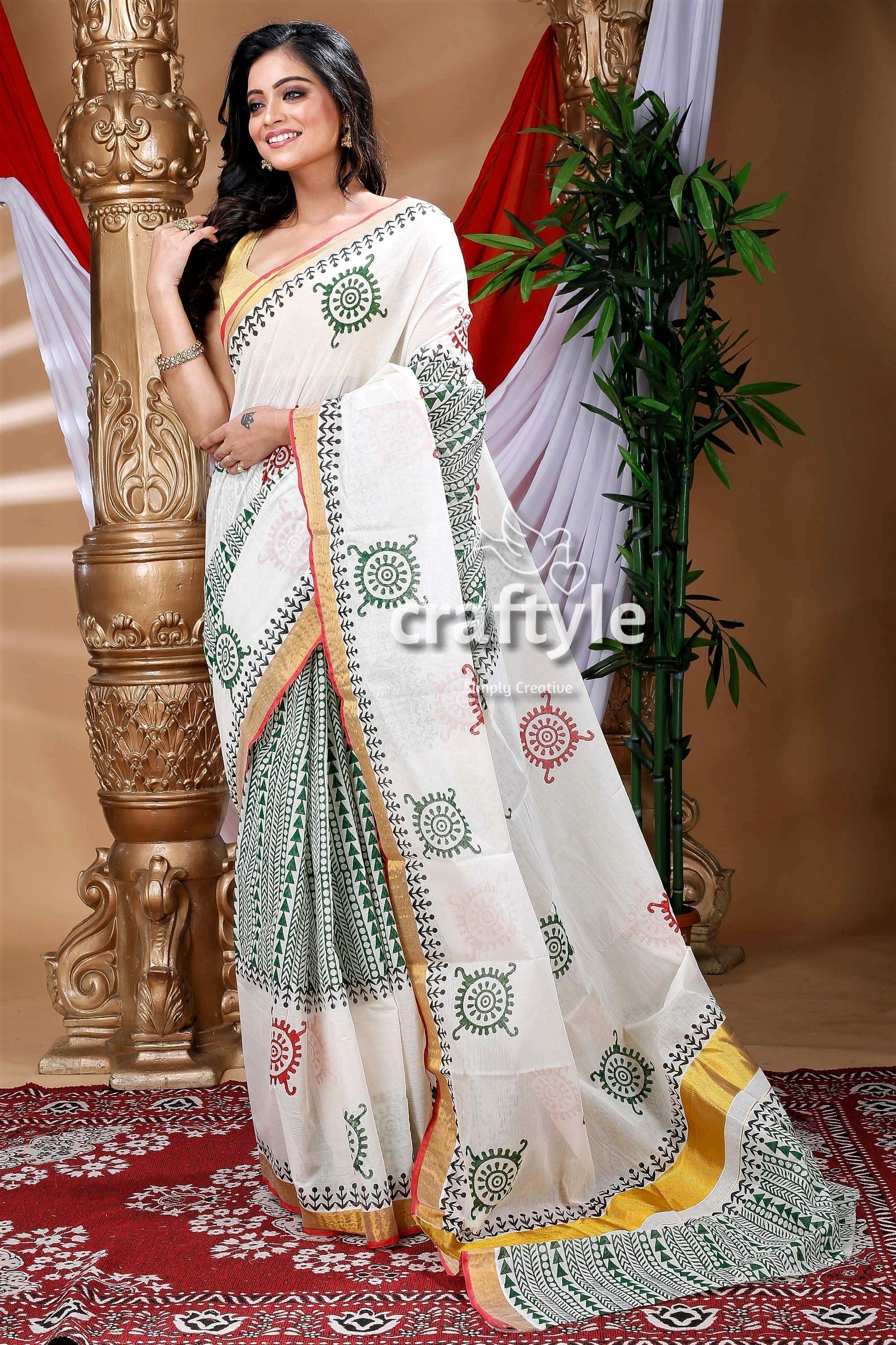 White and Basil Green Hand Block Kerala Cotton Saree-Craftyle