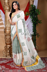 White and basil green hand block kerala cotton saree elegant white saree patterned border 3