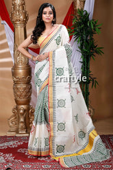 White and basil green hand block kerala cotton saree woman white saree green yellow 1