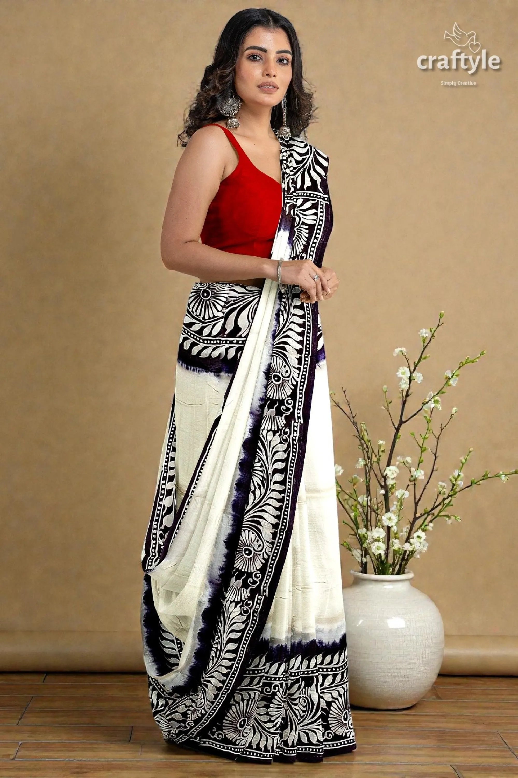 White and black soru tuli hand batik mulberry pure silk saree woman wears white black printed 6