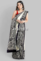 White and black soru tuli hand batik mulberry pure silk saree woman white black floral saree 1