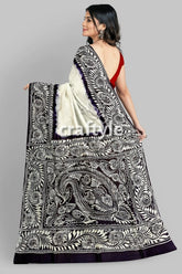 White and black soru tuli hand batik mulberry pure silk saree woman white saree black paisley 6
