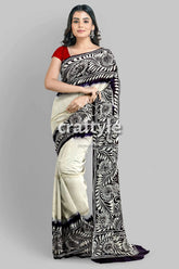 White and black soru tuli hand batik mulberry pure silk saree woman patterned saree 3