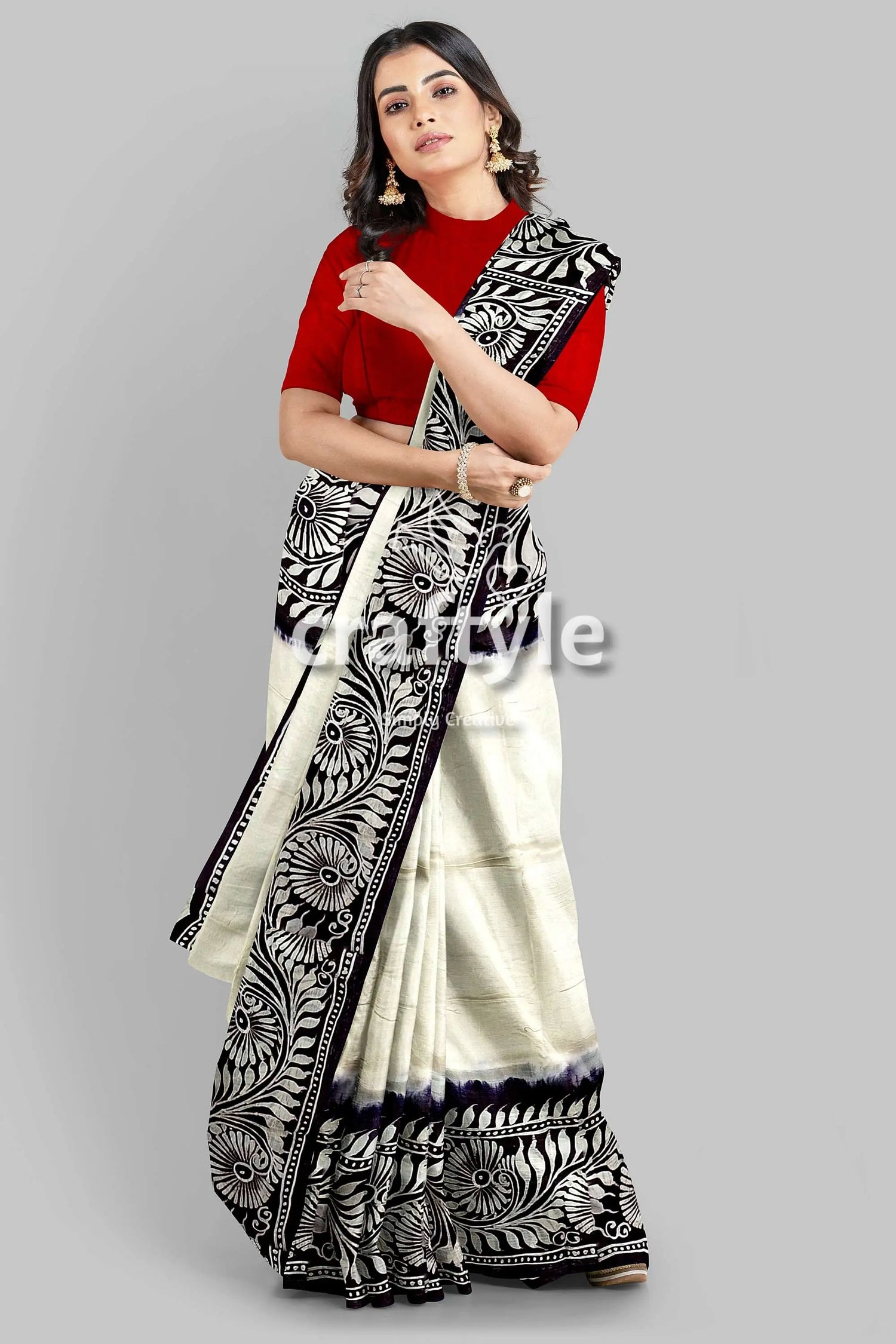 White and black soru tuli hand batik mulberry pure silk saree woman white saree black floral 5