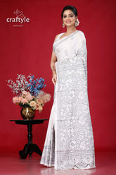 White and grey kantha embroidery silk saree reverse stitch white saree floral embroidery 3