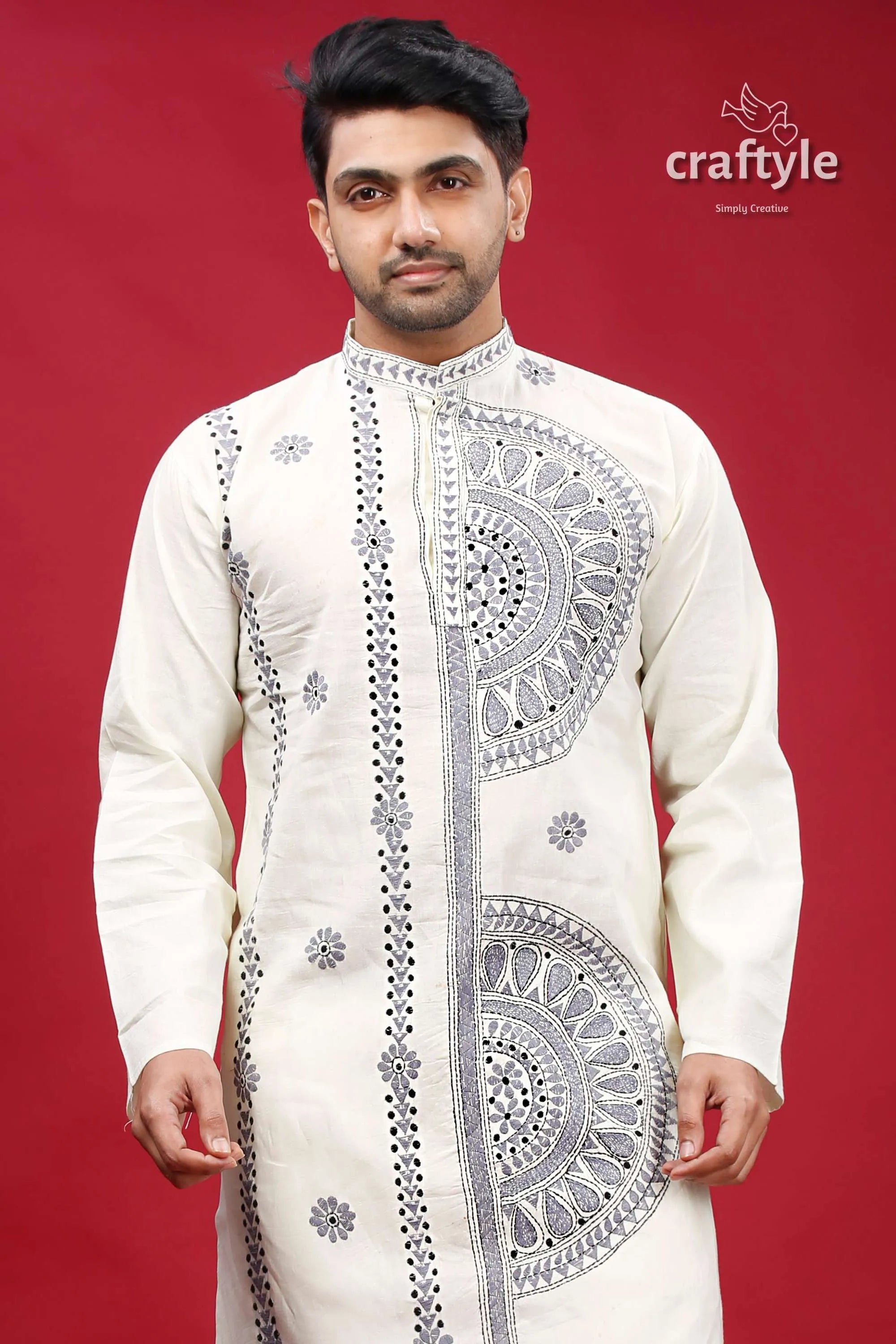White and grey kantha hand embroidered mens cotton kurta cream-colored intricate black embroidery 2