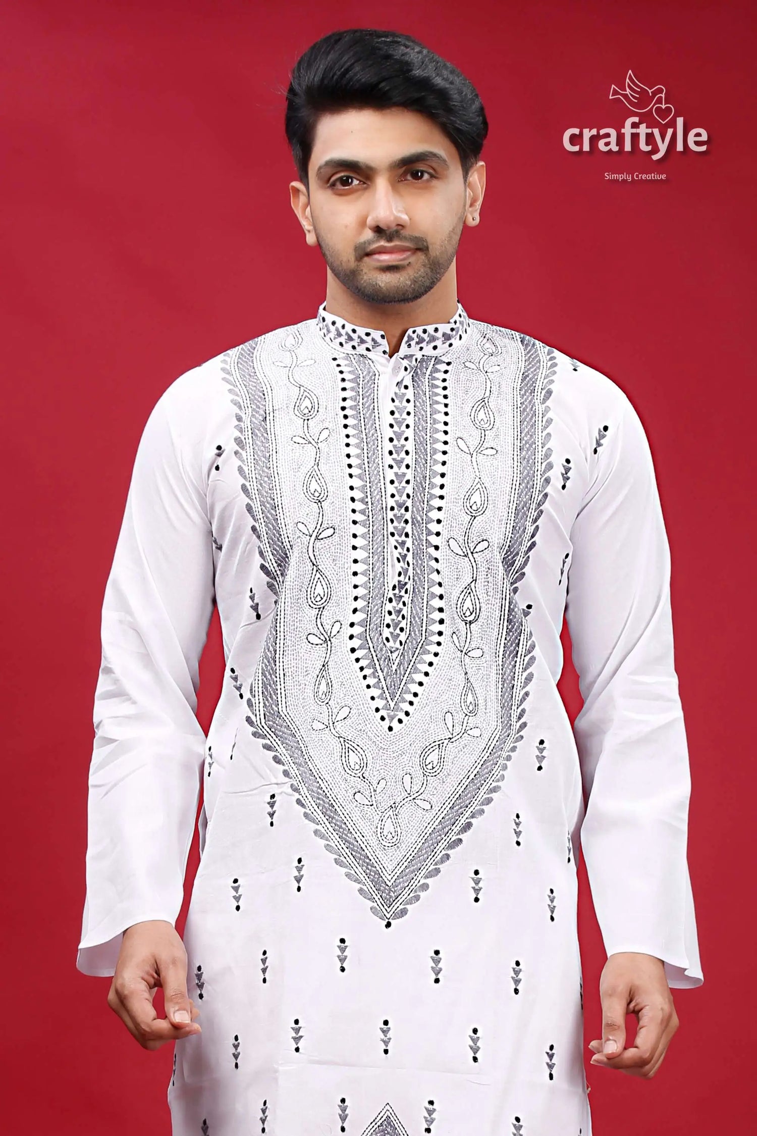 White and grey kantha hand embroidery cotton kurta for men white embroidered kurta 2