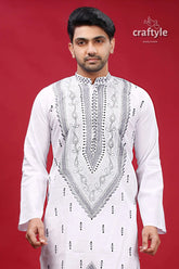 White and grey kantha hand embroidery cotton kurta for men white embroidered kurta 2