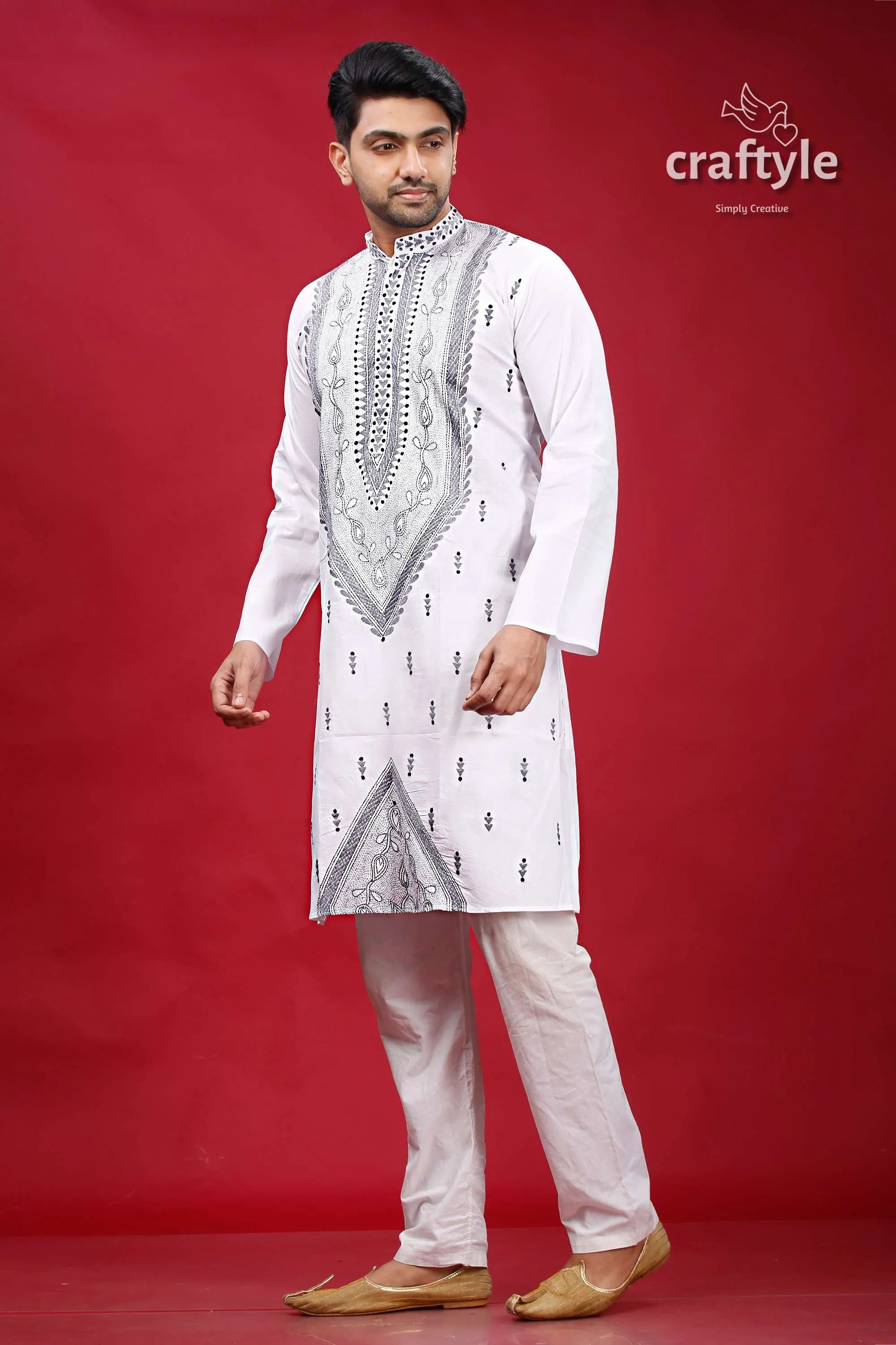 White and grey kantha hand embroidery cotton kurta for men embroidered pajama set 3
