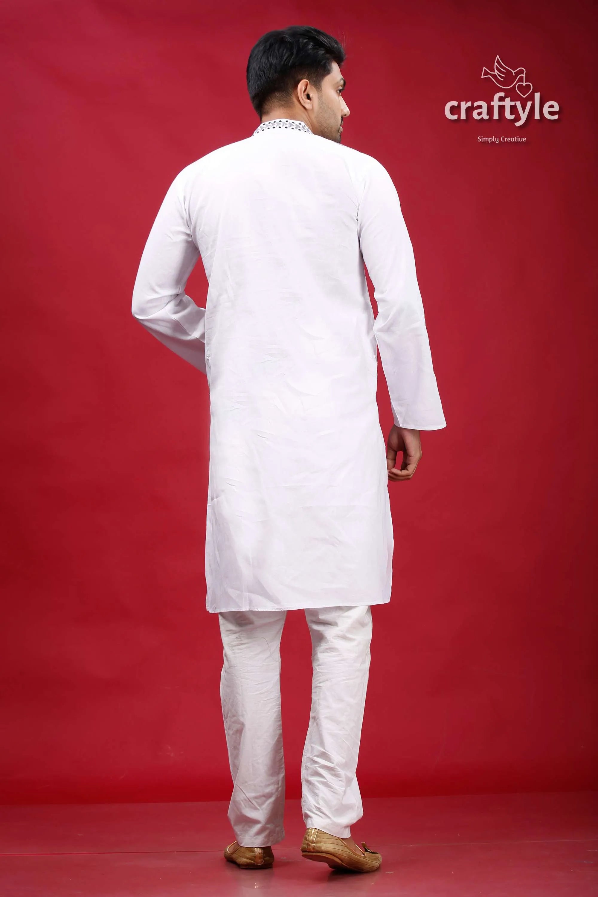White and grey kantha hand embroidery cotton kurta for men pajama set 5