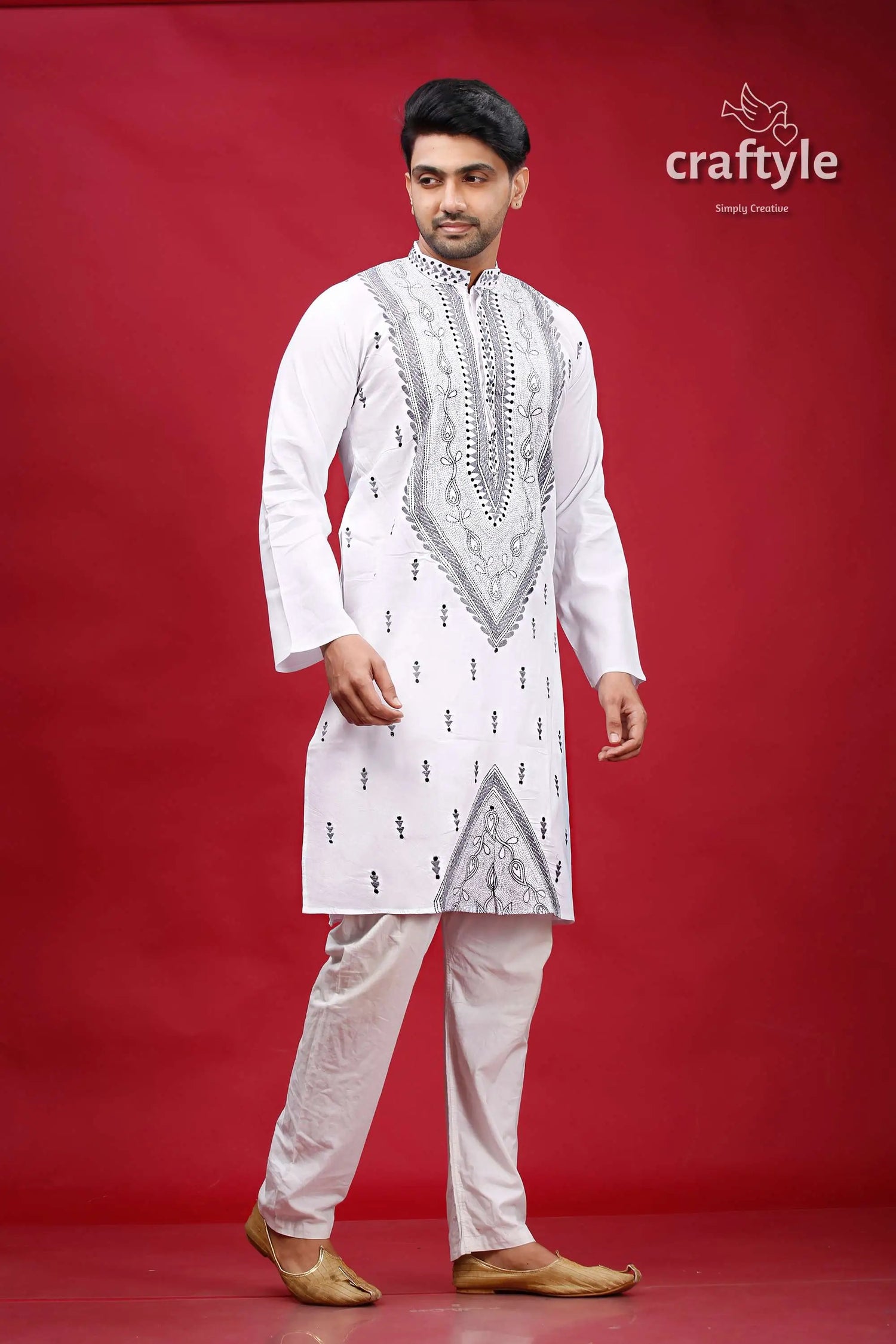 White and grey kantha hand embroidery cotton kurta for men white embroidered kurta pajama set 4