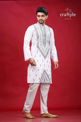 White and grey kantha hand embroidery cotton kurta for men white embroidered kurta pajama set 4