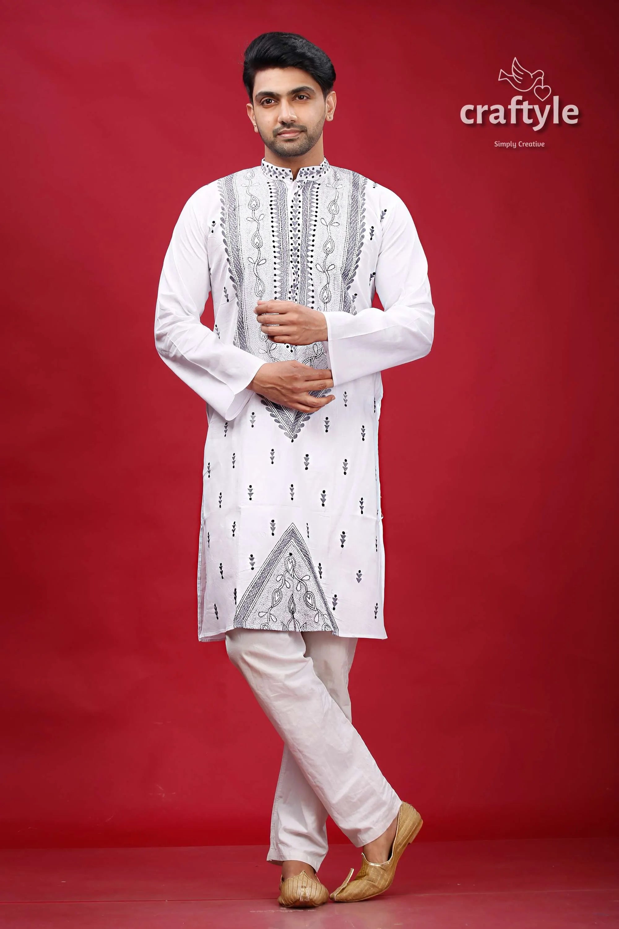 White and grey kantha hand embroidery cotton kurta for men embroidered pajama 1