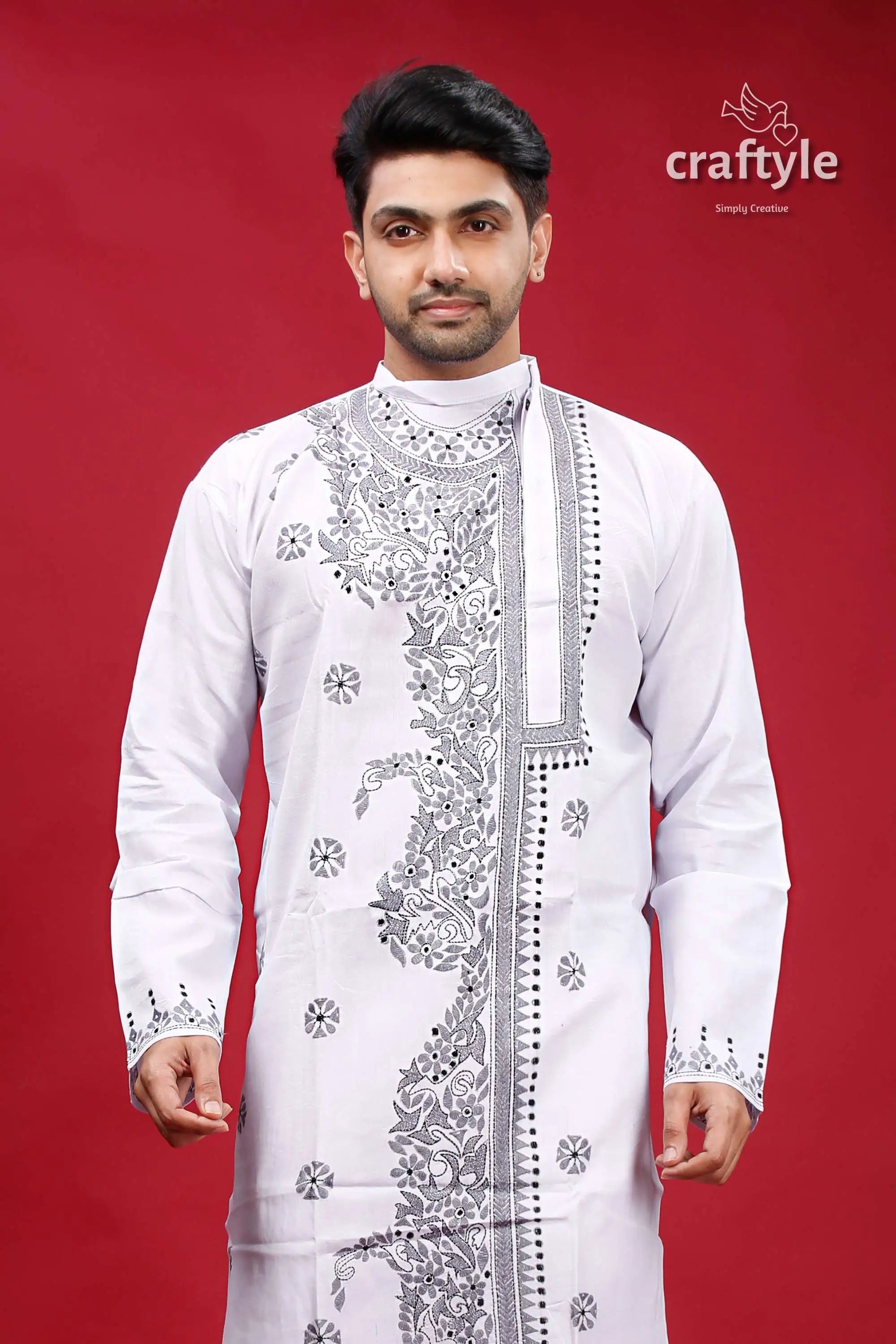 White and grey kantha work cotton kurta for men white embroidered kurta 2