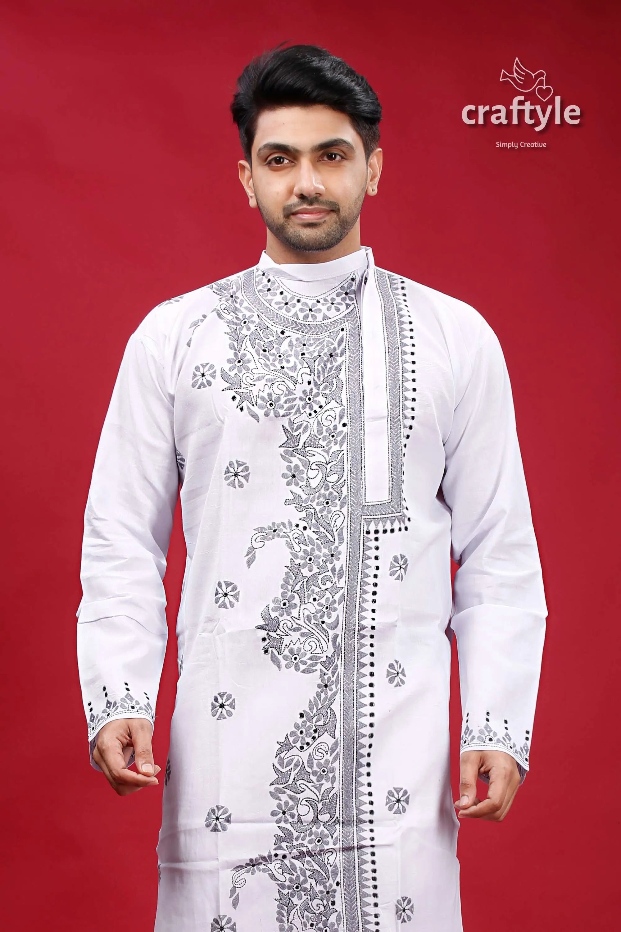 White and grey kantha work cotton kurta for men embroidered 2