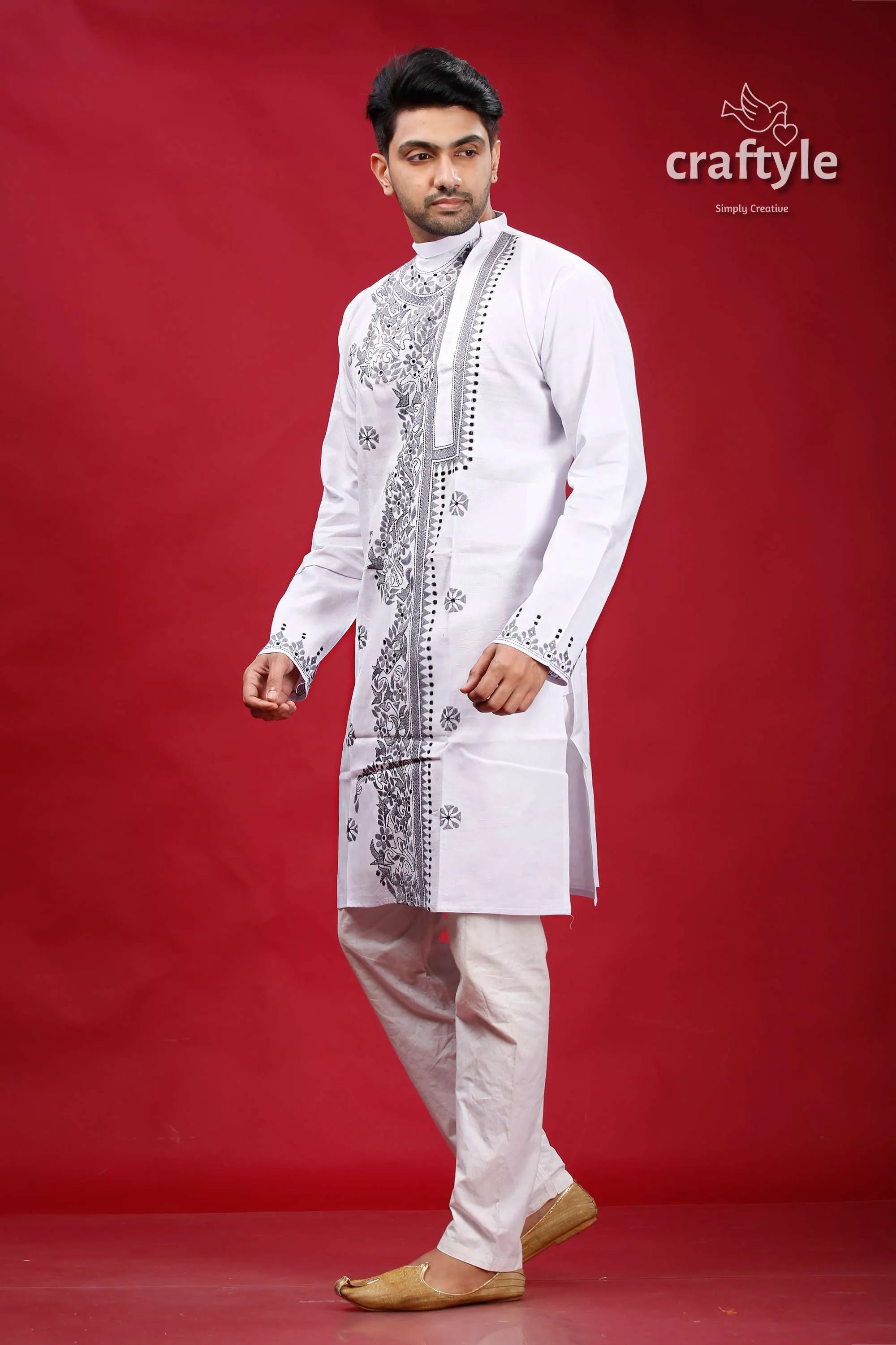 White and grey kantha work cotton kurta for men embroidered pajama set 3