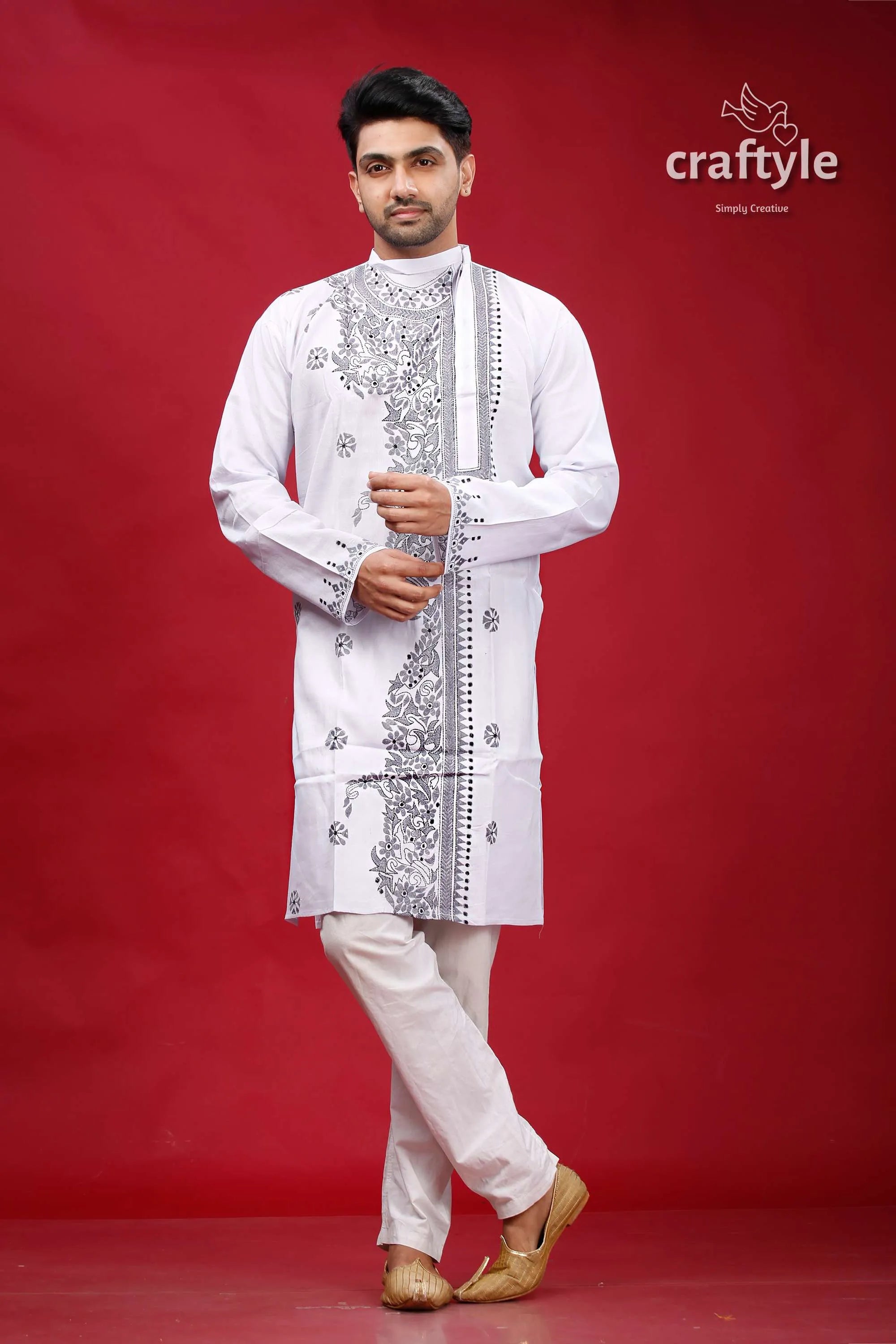 White and grey kantha work cotton kurta for men man embroidered pajama 1