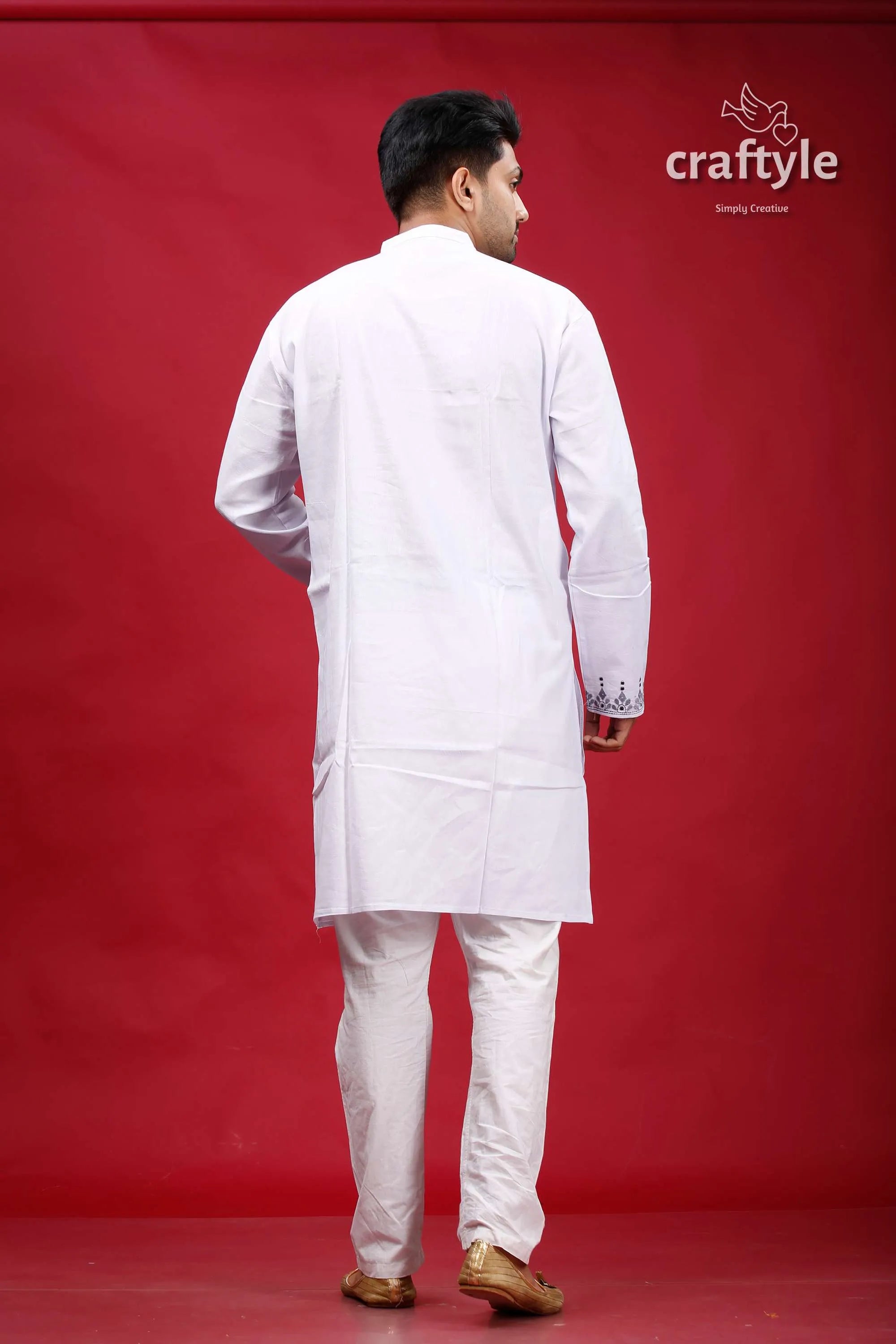 White and grey kantha work cotton kurta for men pajama set 5