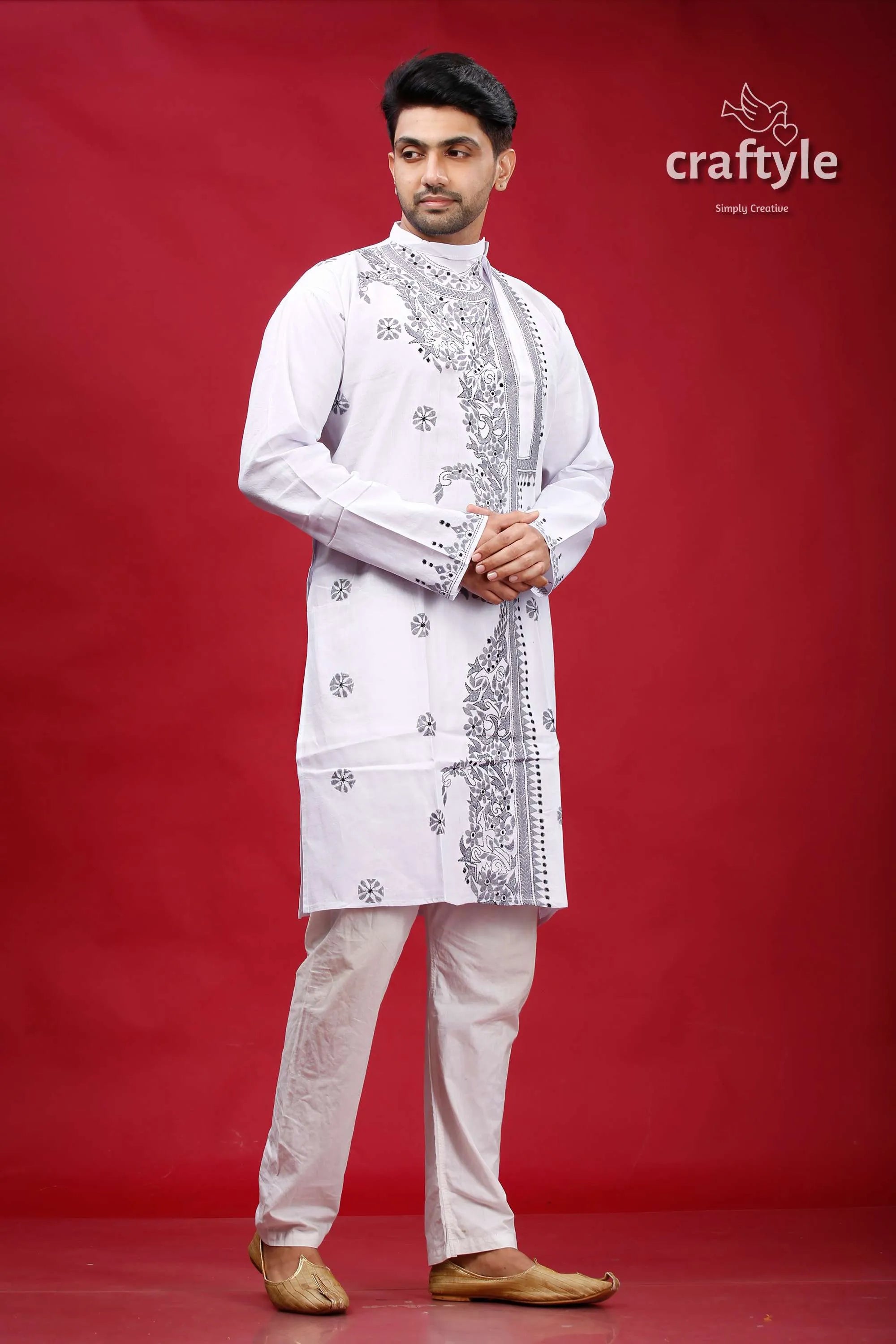 White and grey kantha work cotton kurta for men embroidered pajama set 4