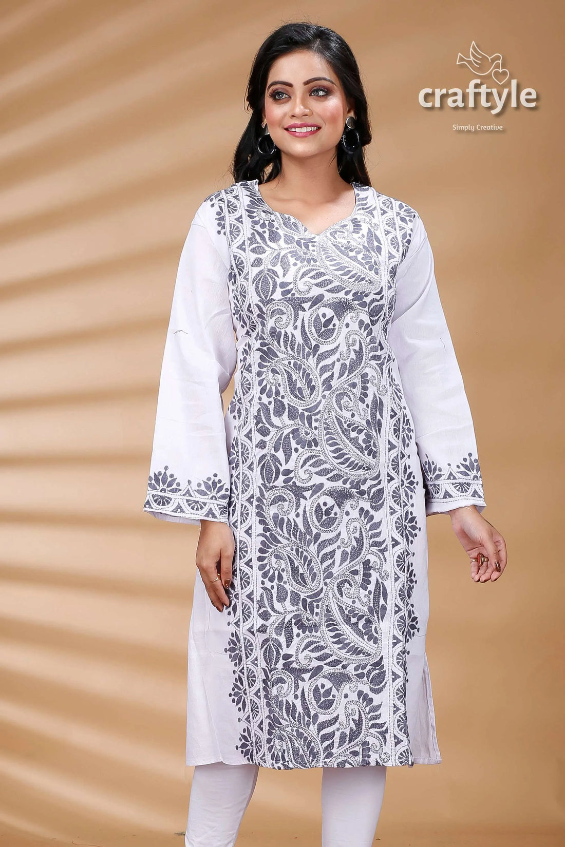 White and grey thread work all over cotton kantha kurti kurta gray embroidery 2