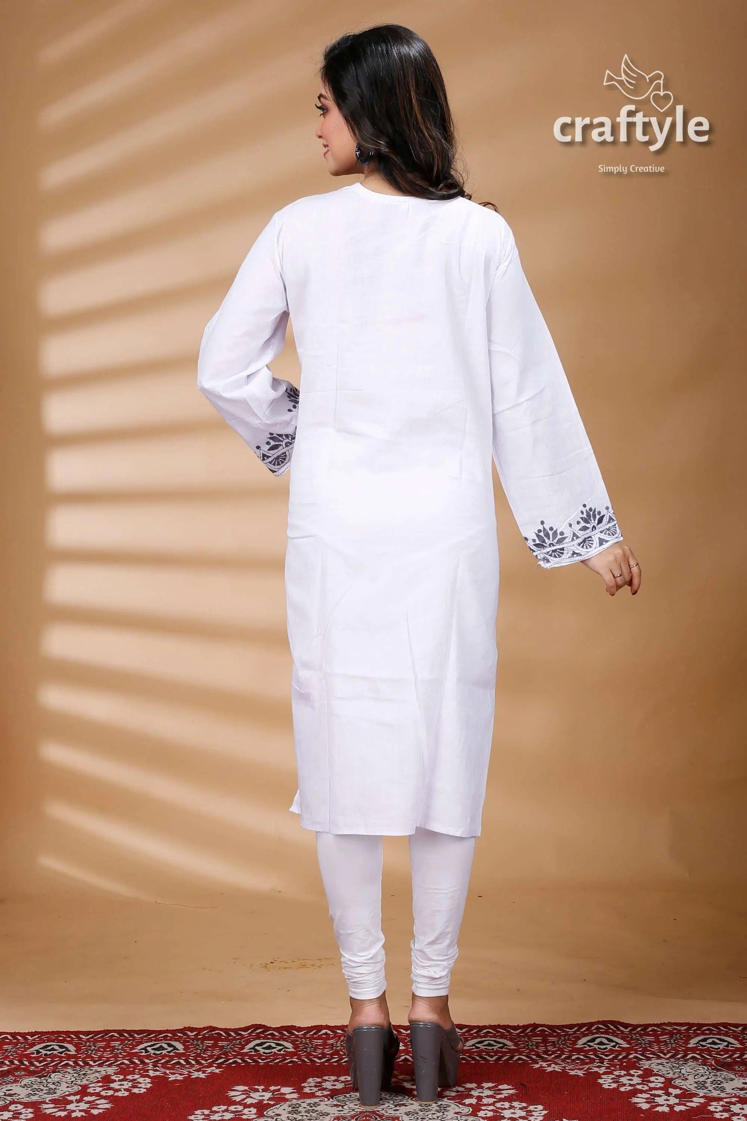 White and grey thread work all over cotton kantha kurti white embroidered tunic 5