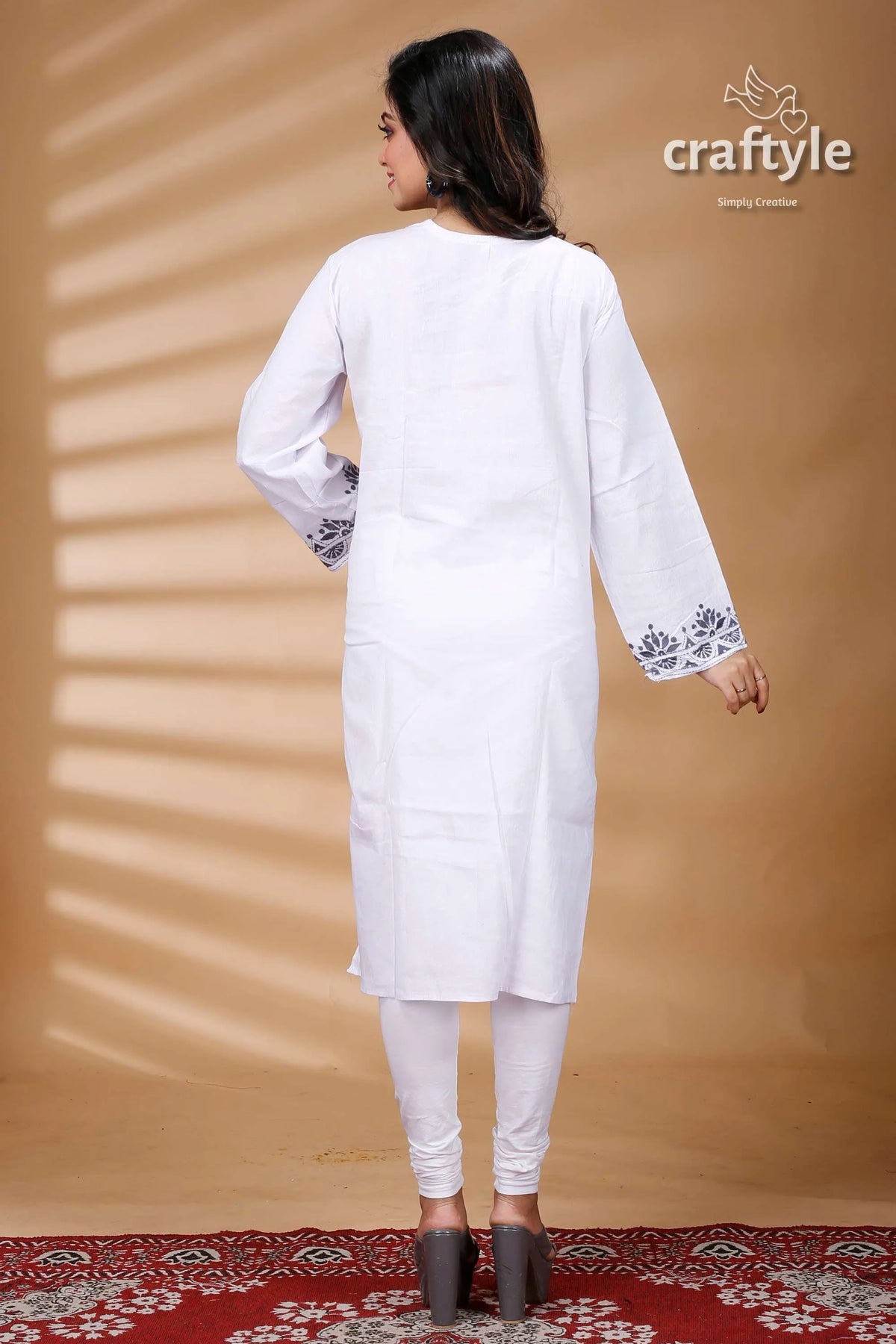 White and grey thread work all over cotton kantha kurti embroidered tunic 5