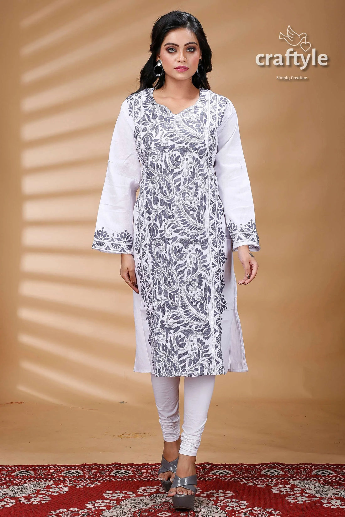 White and grey thread work all over cotton kantha kurti kurta gray embroidery 1