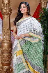 White and pickle green hand block kerala cotton saree woman patterned saree 2