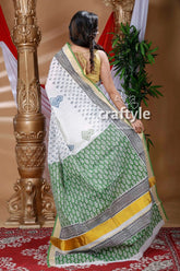 White and pickle green hand block kerala cotton saree woman white green saree 4