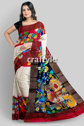 White and red pure tussar kalamkari saree with zari border - hand painted woman colorful saree 1
