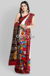 White and red pure tussar kalamkari saree with zari border - hand painted woman colorful saree 3