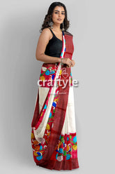 White and red pure tussar kalamkari saree with zari border - hand painted woman white red saree 4