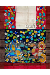 White and red pure tussar kalamkari saree with zari border - hand painted colorful painted silk saree 6