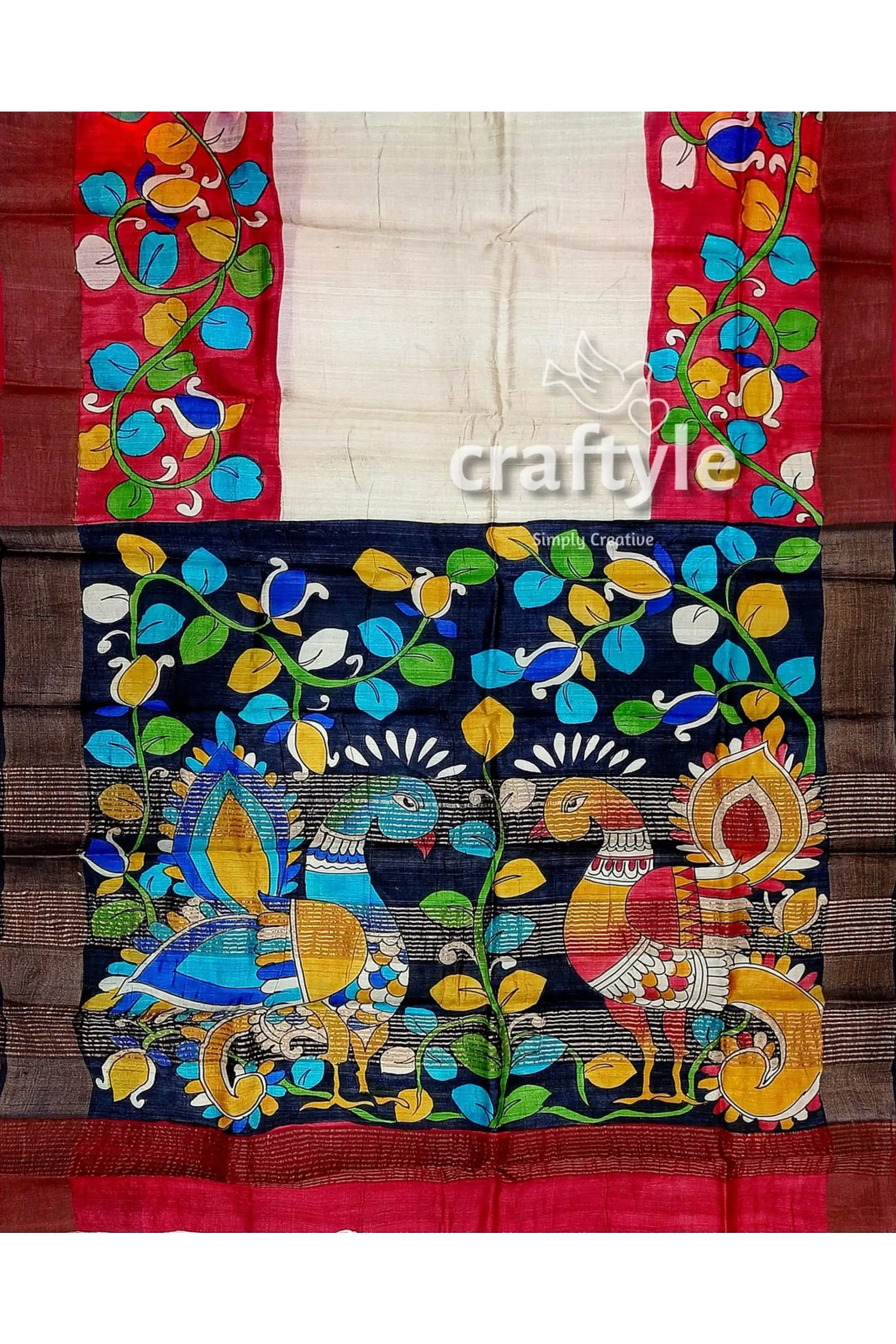 White and red pure tussar kalamkari saree with zari border - hand painted colorful painted silk saree 7