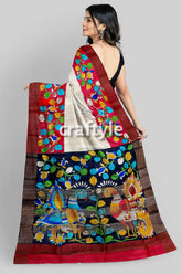 White and red pure tussar kalamkari saree with zari border - hand painted woman painted saree 5