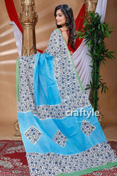 White and sky blue hand block pure cotton saree blue white floral saree 4