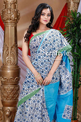 White and sky blue hand block pure cotton saree woman blue white floral saree 2