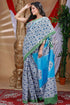 White and sky blue hand block pure cotton saree woman blue white floral saree 1