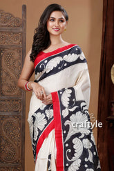 White & black floral motif hand painted pure silk kalamkari saree woman white saree black red 2